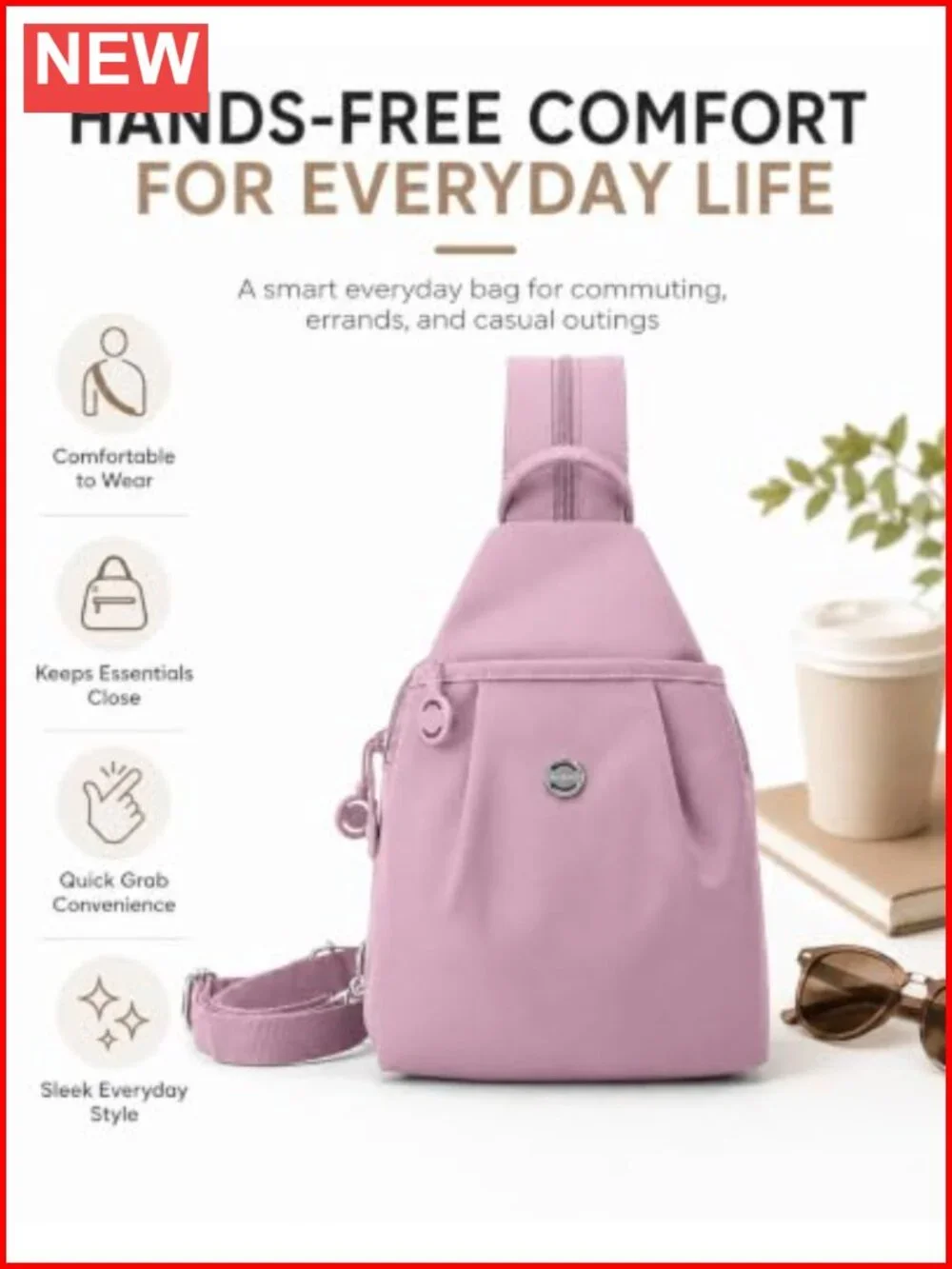 Water-Resistant Sling Backpack for Women, Crossbody Chest Bag, Adjustable